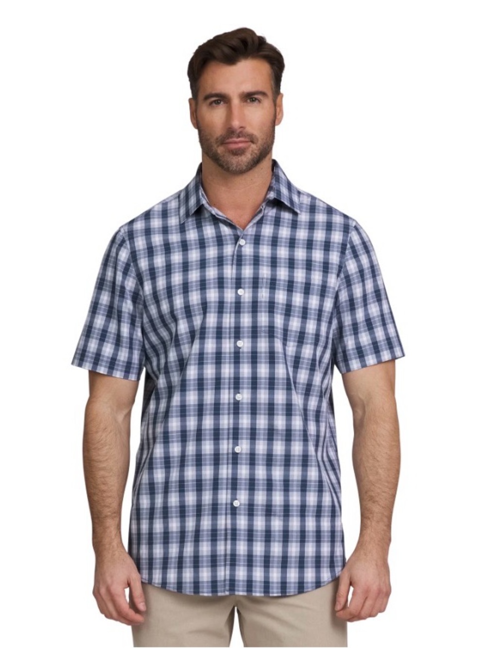 Chaps Easy Care Blue Plaid Short Sleeve Shirt Size XL